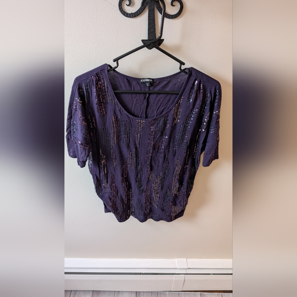 Express dark purple sequin dressy short sleeve top. Size XS